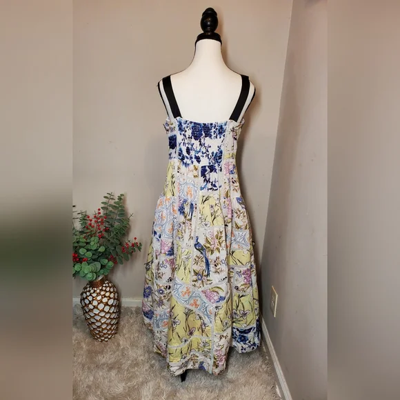 Anthropologie Maeve Cotton Sleeveless Square-Neck Tile Printed Midi Dress Sz L